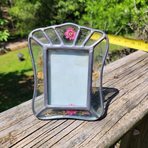 Vintage French Country Leaded Glass Picture Frame With Pressed Flowers Insert - Picture 1 of 10